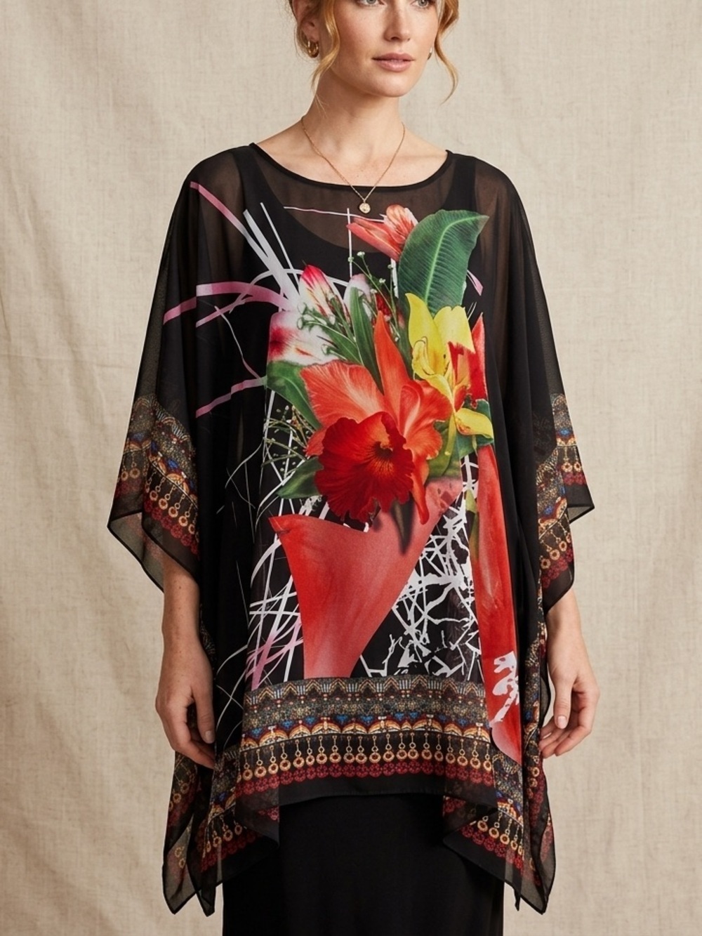 NEW Chiffon Tropical Floral Kaftan Kimono Top cover up beach Resortwear ONE SIZE
